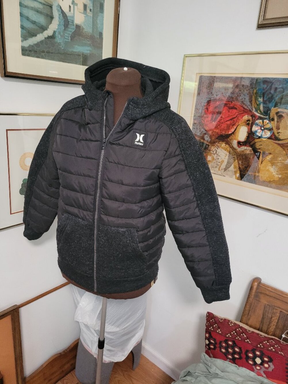 Youth Hurley Puffer Jacket in Black and Grey